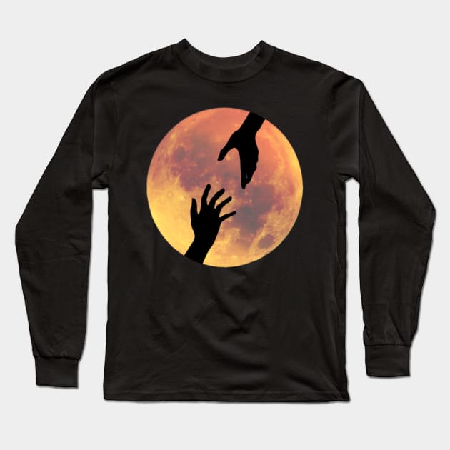 Full Moon with Helping Hands Silhouette Long Sleeve T-Shirt by Apathecary